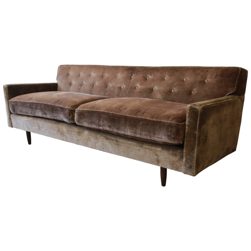 Midcentury Tufted Brown Velvet Sofa by Baker Furniture