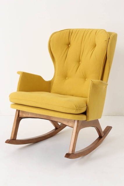 Midcentury Yellow Upholstered Rocking Chair