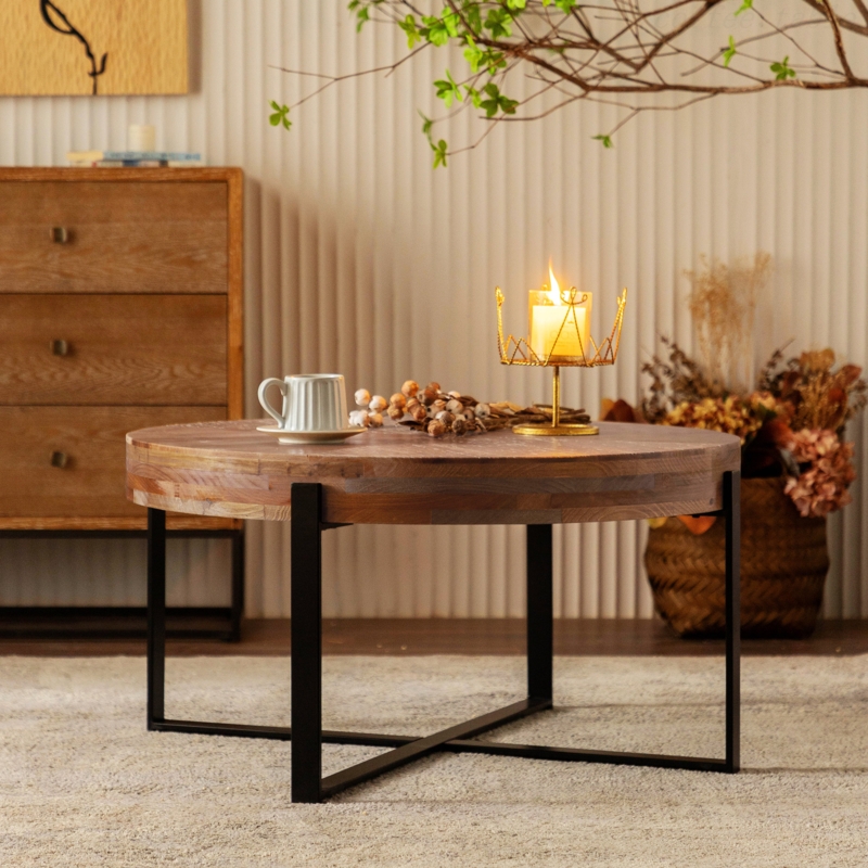 Millwood Pines Round Fir Wood Coffee Table with Metal Base