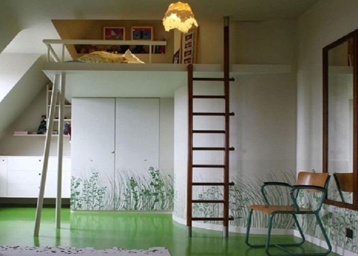 Minimalist Adult Loft Bed with Wooden Ladder and Green Flooring