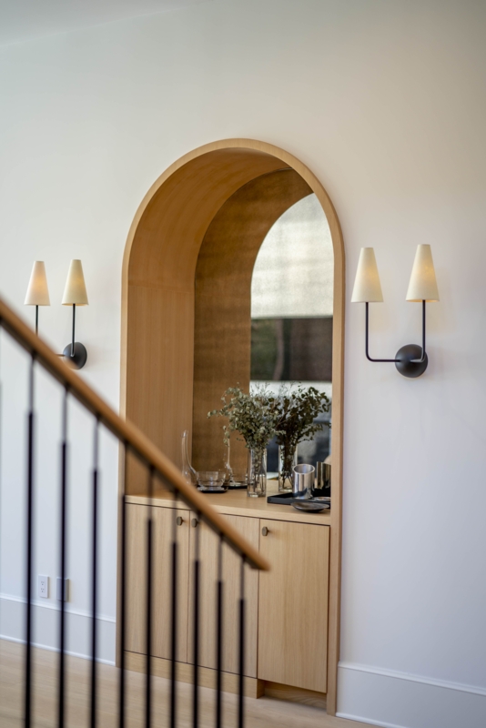 Minimalist Arch Bar Cabinet with Modern Wall Sconces
