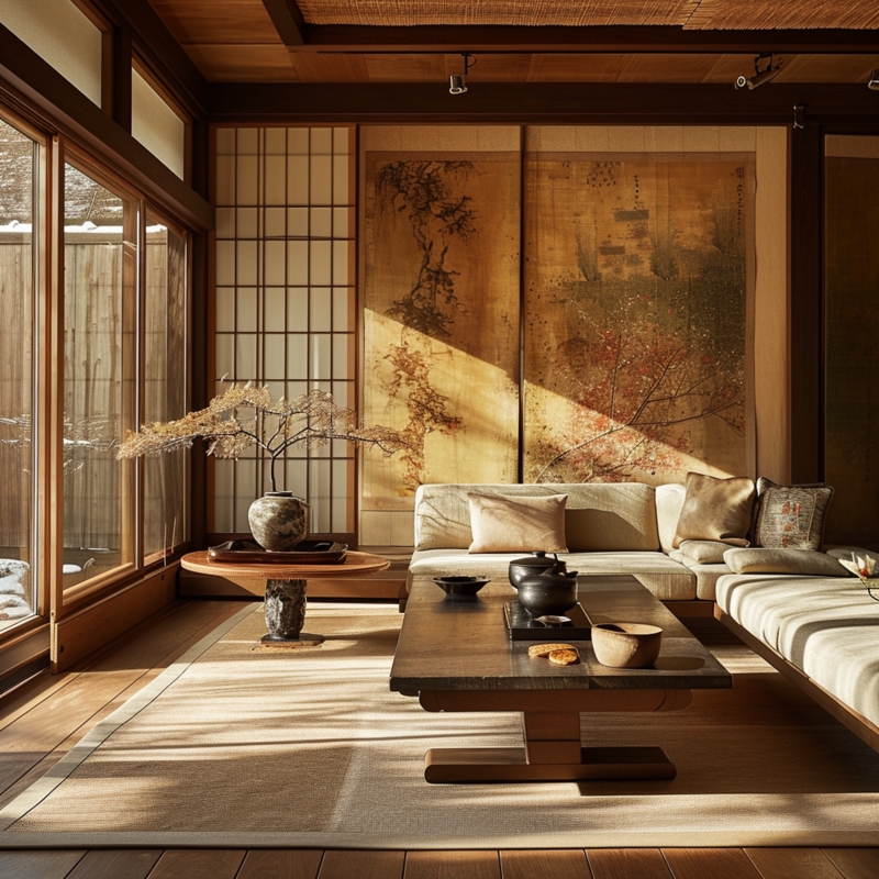 Minimalist Japanese Living Room with Warm Natural Light