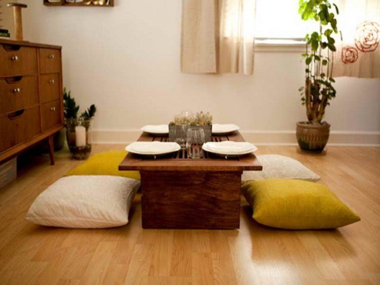 Minimalist Japanese Low Wooden Dining Table Setup