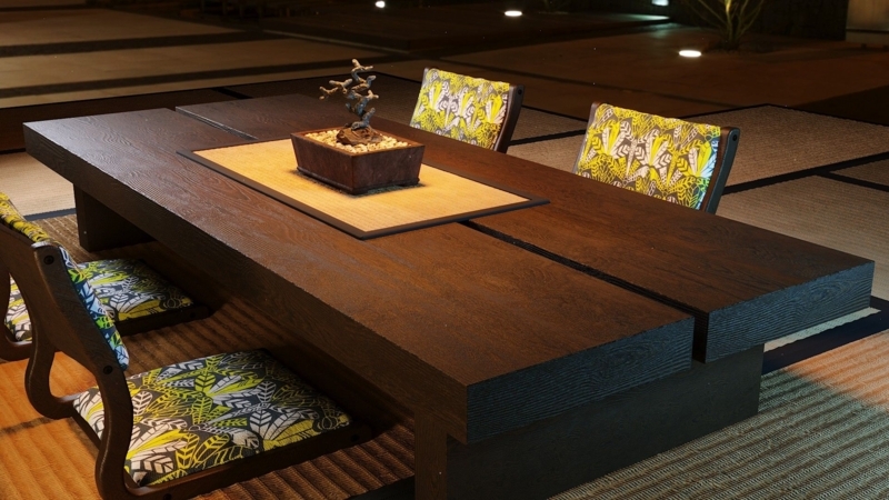 Minimalist Japanese Wood Dining Table with Cushioned Chairs