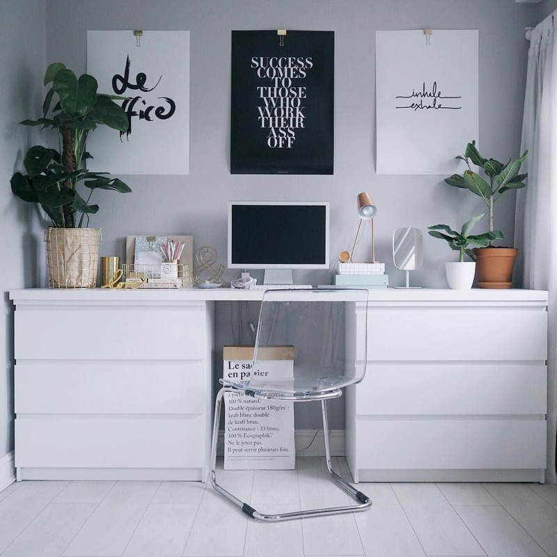 Minimalist White Desk and Dresser Combo Workspace