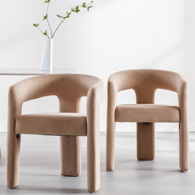 Modern Beige Velvet Barrel Dining Chairs Set of 2