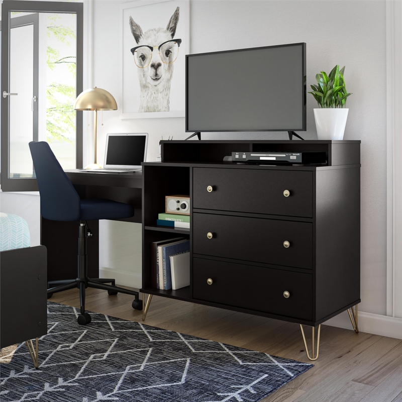 Modern Black 3-in-1 Media Dresser and Desk Combo