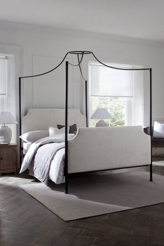 Modern Black 4 Poster Bed Frame with Natural Stone Upholstered Headboard