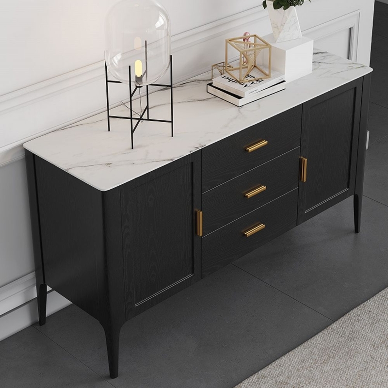 Modern Black Buffet with Faux Marble Top and Gold Handles