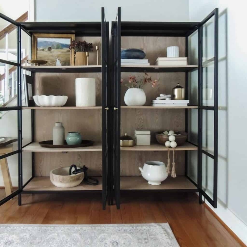 Modern Black Frame China Cabinet with Wood Shelves