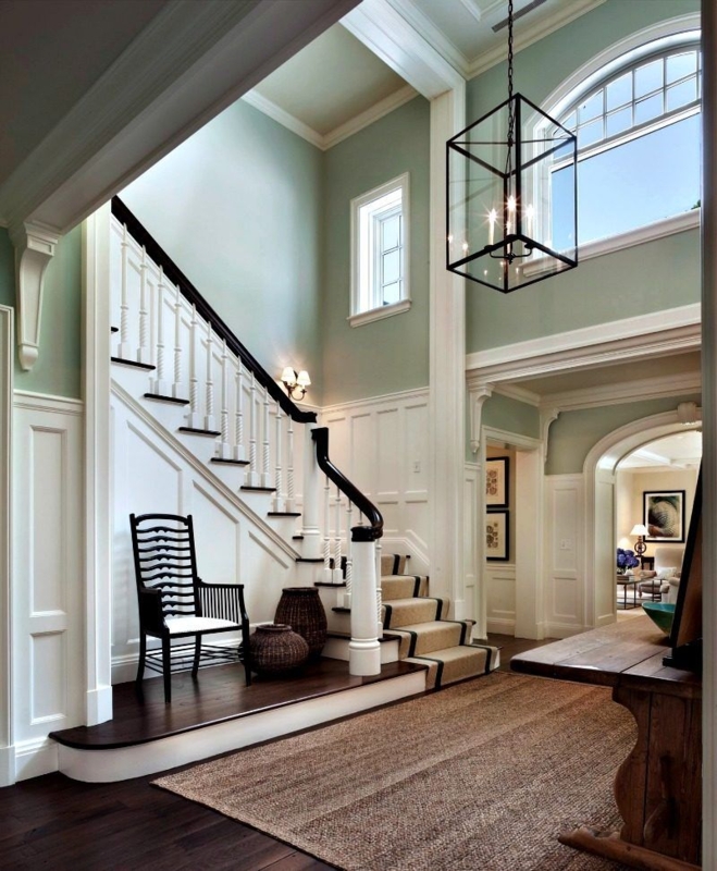 Modern Black Lantern Chandelier in Two-Story Foyer