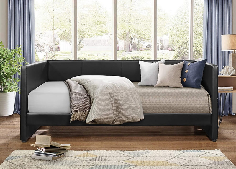 Modern Black Leather Daybed with Cozy Pillows