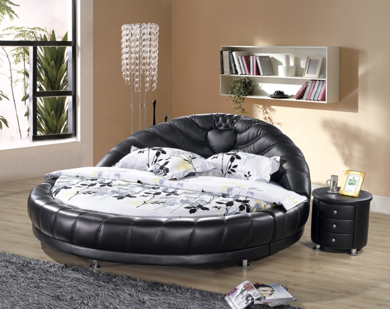 Modern Black Leather Round Bed with Floral Bedding