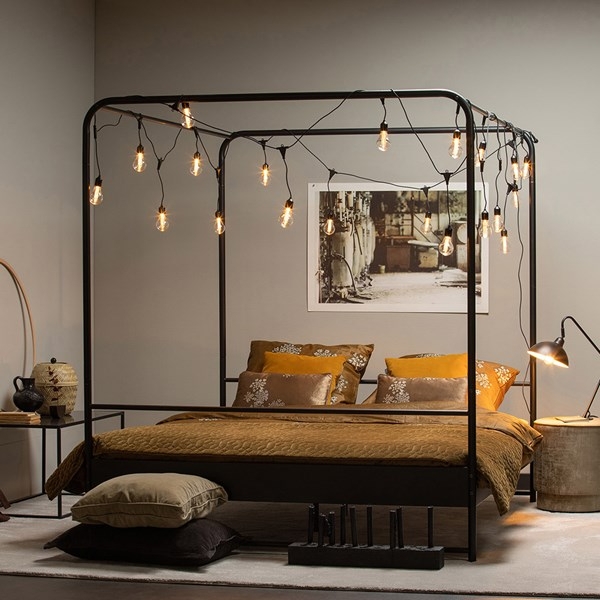 Modern Black Metal Four Poster Bed with String Lights