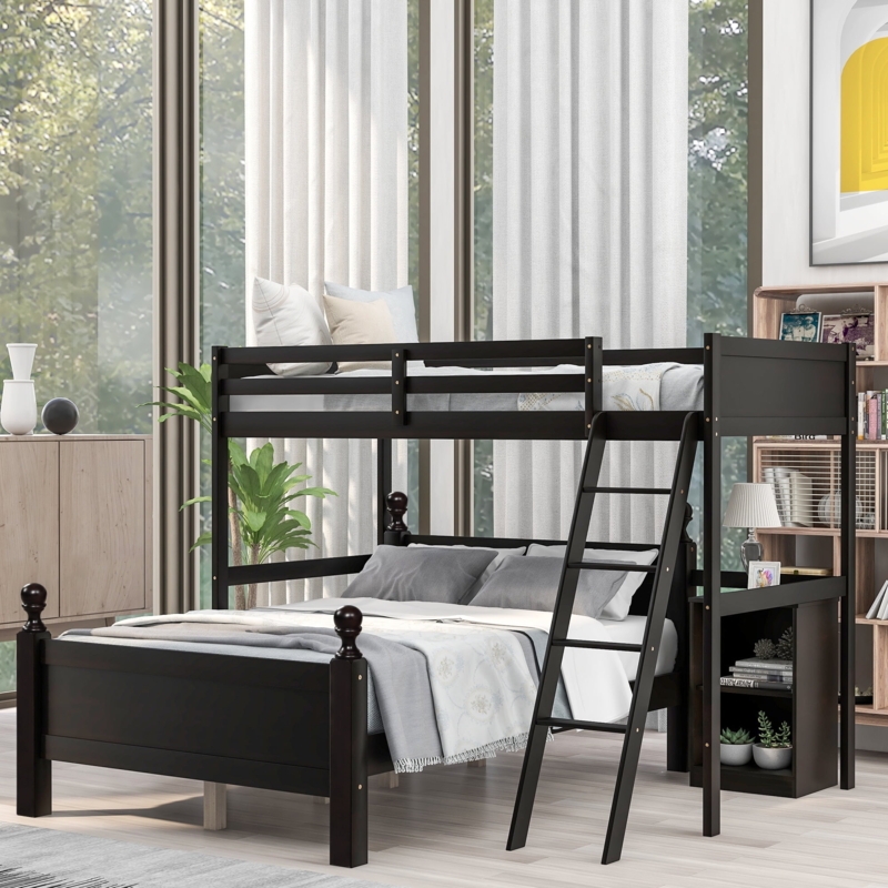 Modern Black Twin Over Full Wood Bunk Bed with Storage
