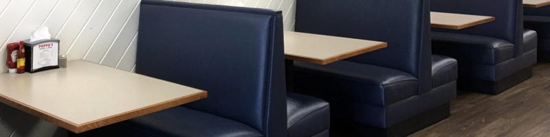 Modern Blue Booth Seating Design with Wood Tables