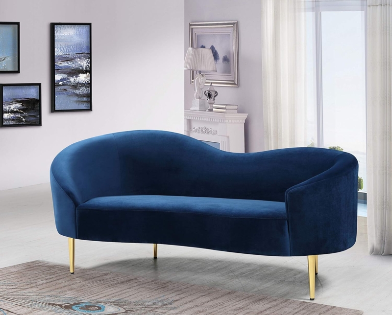 Modern Blue Curved Loveseat with Gold Legs