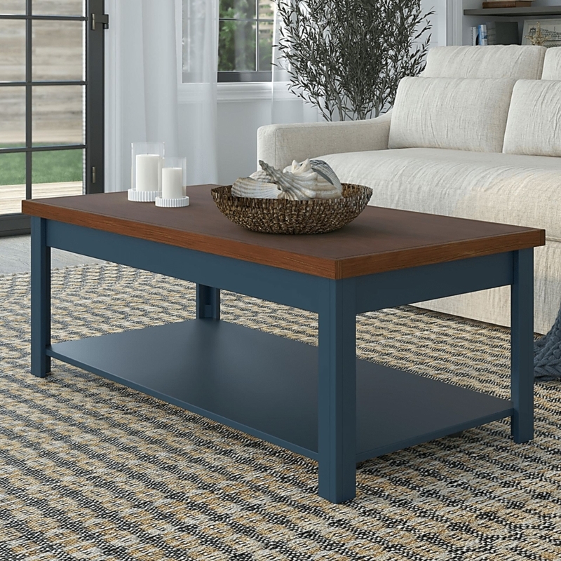 Modern Blue Wood Coffee Table with Storage Shelf