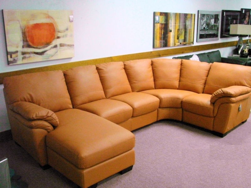 Modern Camel Colored Leather Sectional Sofa