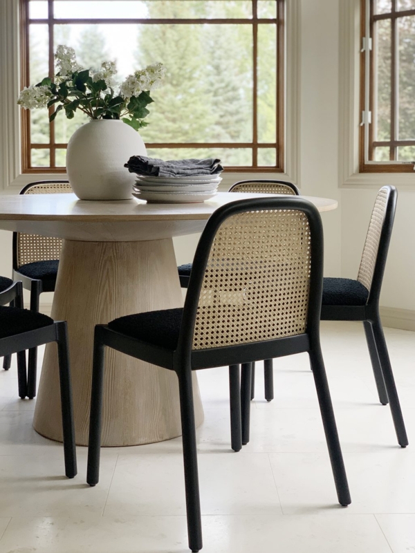 Modern Cane Dining Chairs with Round Wood Table