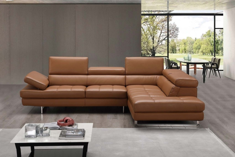 Modern Caramel Leather Sectional Sofa with Adjustable Headrests