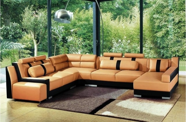 Modern Caramel Leather Sectional Sofa with Black Accents