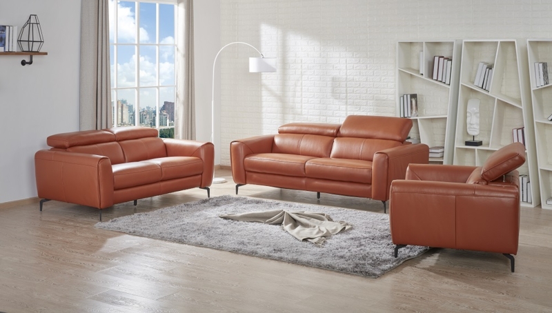 Modern Caramel Leather Sofa Set in Bright Living Room