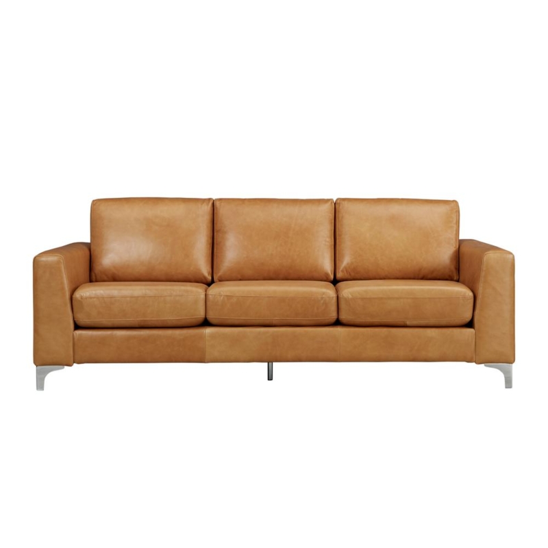Modern Caramel Leather Sofa with Metal Legs