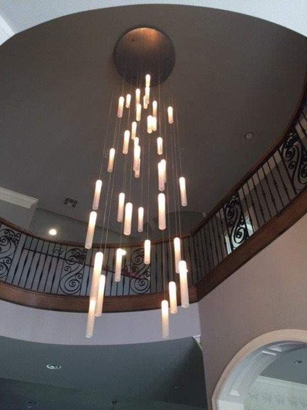 Modern Cascading Pendant Chandelier in Two-Story Foyer