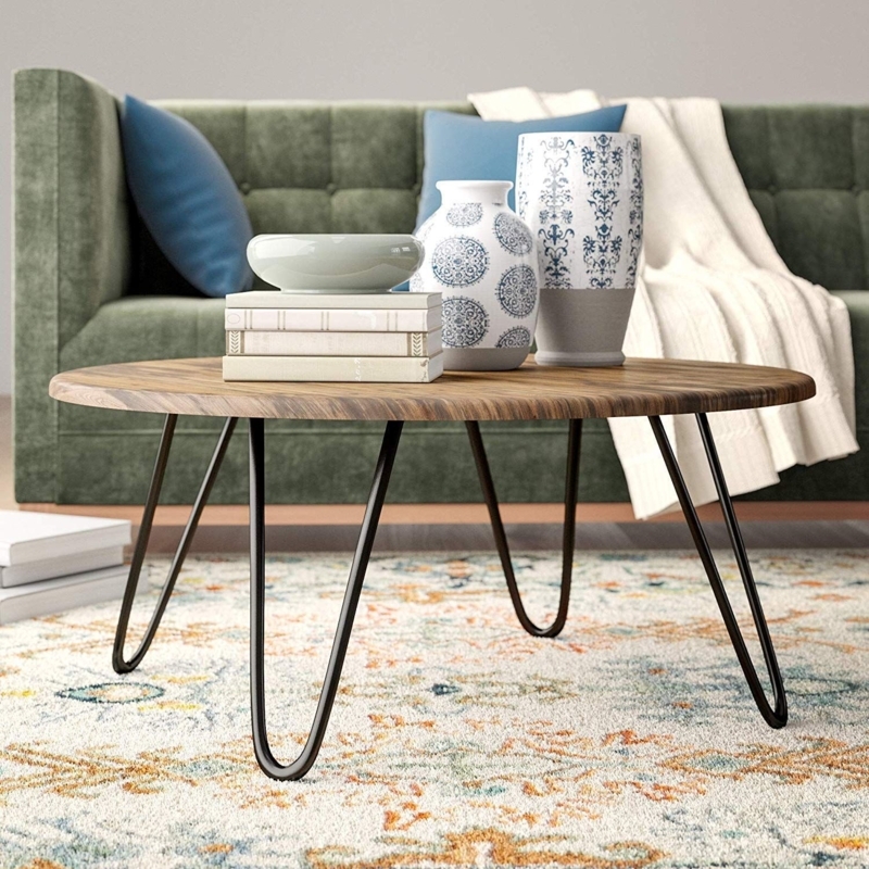 Modern Coastal Round Wood Coffee Table with Metal Legs