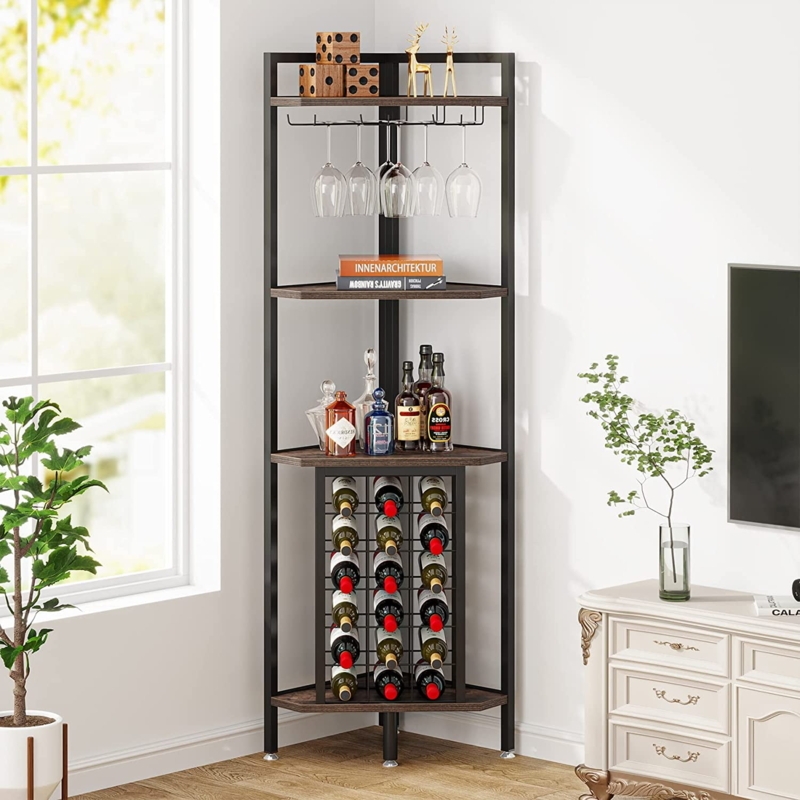 Modern Corner Wine Rack with Glass Holder and Shelves