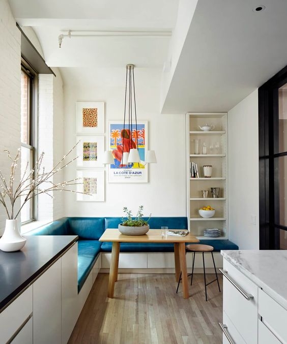 Modern Cozy Banquette Seating with Blue Upholstery
