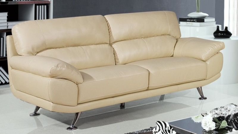 Modern Cream Leather 2-Seater Sofa with Metal Legs
