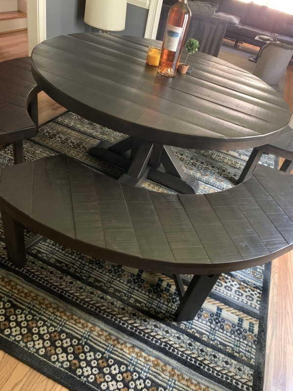 Modern Curved Dark Wood Dining Table with Benches