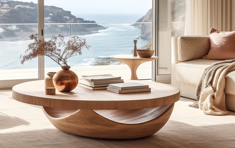 Modern Curved Wooden Coffee Table with Ocean View