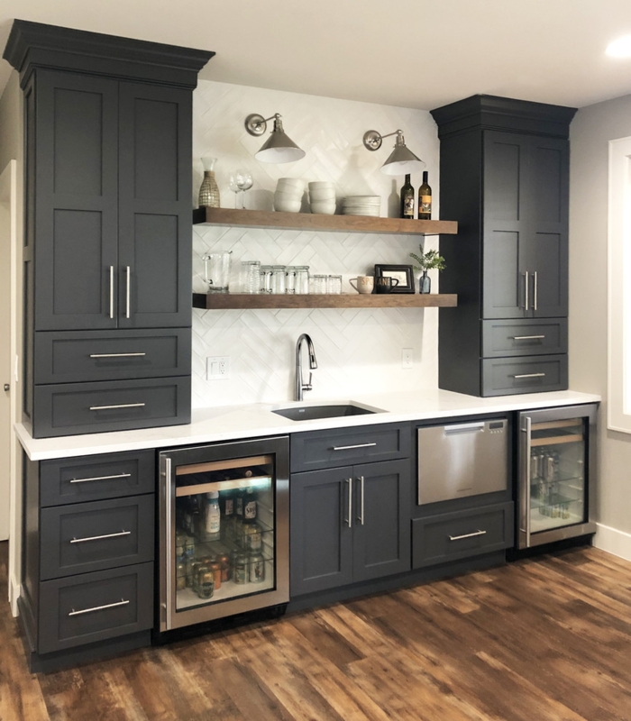 Modern Dark Gray Wet Bar Cabinets with Open Shelves