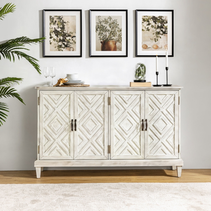 Modern Farmhouse Distressed White Sideboard Cabinet