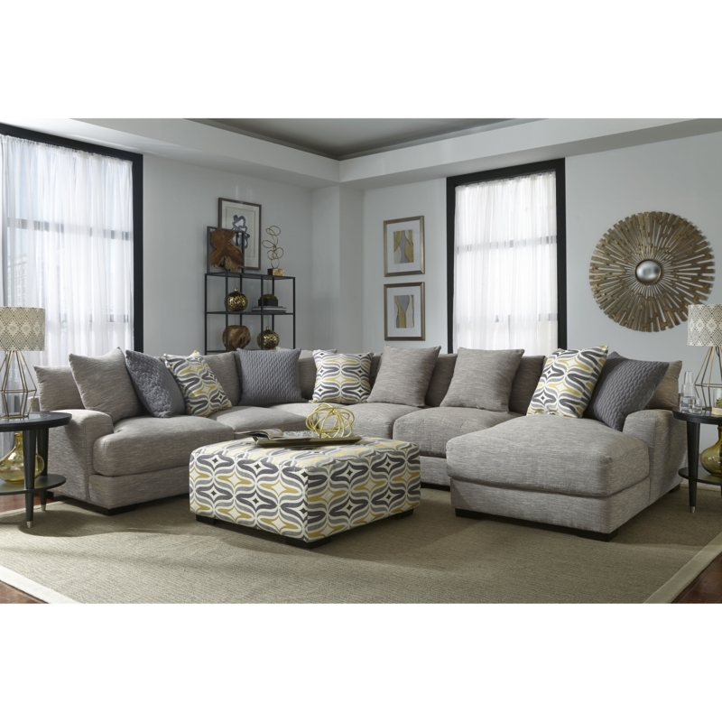 Modern Farmhouse Gray Sectional Sofa with Patterned Ottoman