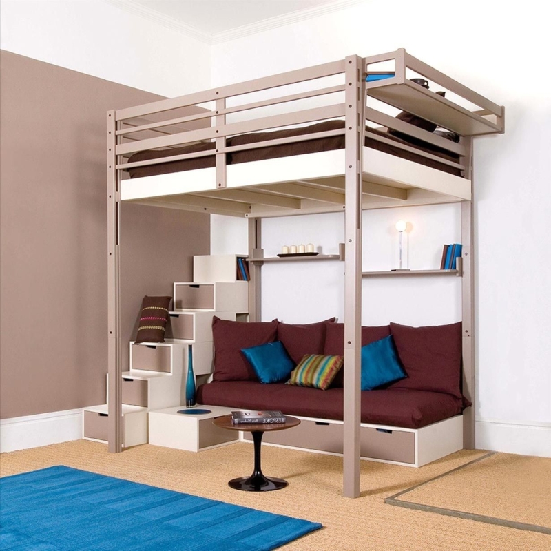 Modern Full-Size Loft Bed with Built-In Lounge and Stairs