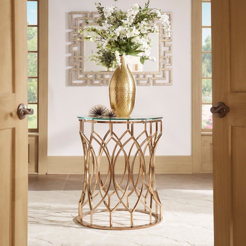 Modern Glam Round Glass Top Metal Foyer Table