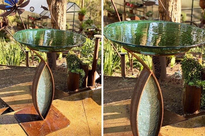 Modern Glass and Metal Bird Bath for Outdoor Garden