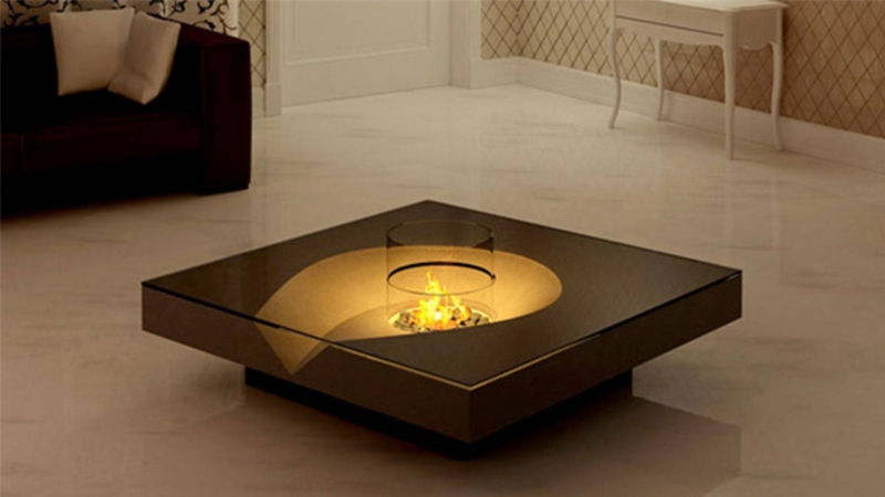 Modern Glass Coffee Table with Built-In Fire Pit