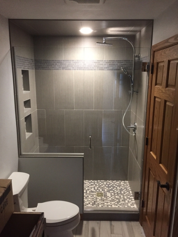 Modern Glass Half Wall Shower with Mosaic Tiles