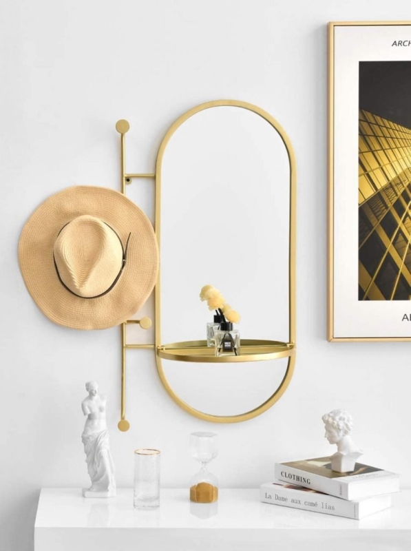 Modern Gold Wall Mirror with Hooks and Shelf
