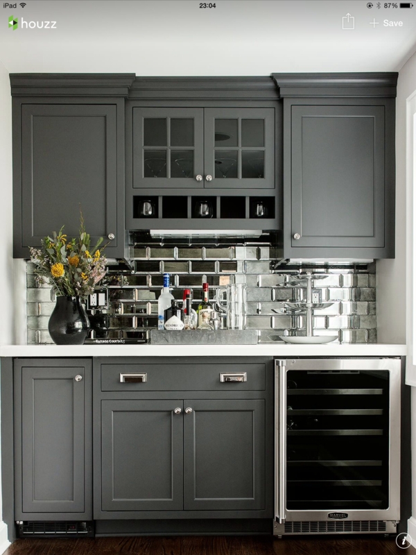 Modern Gray Bar Cabinets with Built-in Wine Fridge