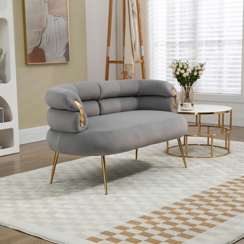Modern Gray Curved Loveseat with Gold Legs