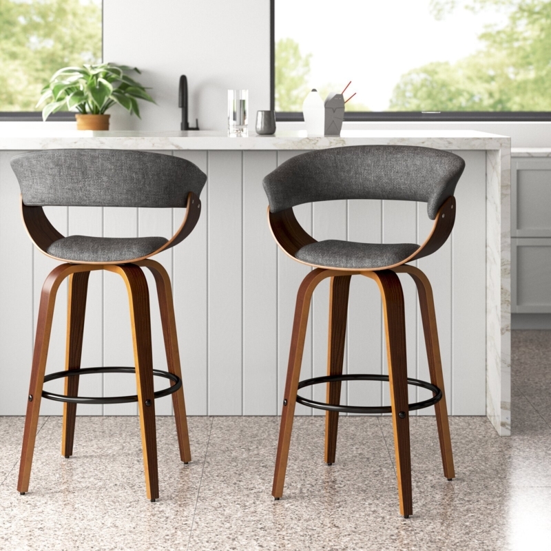 Modern Gray Upholstered Bar Stools with Wooden Legs