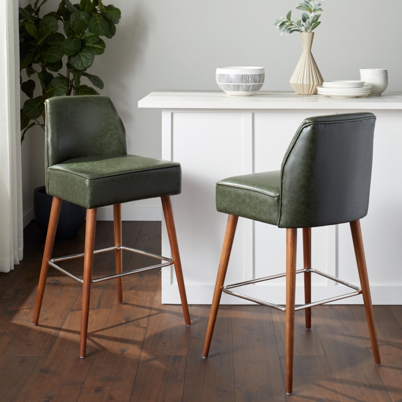Modern Green Leather Bar Stools with Wooden Legs