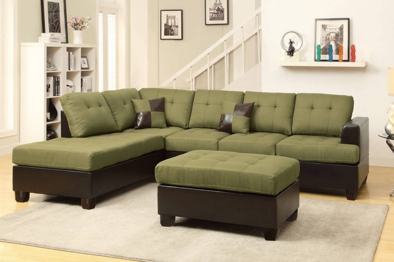 Modern Green Leather Sectional Sofa with Ottoman