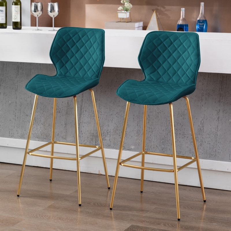 Modern Green Velvet Bar Stools with Gold Legs